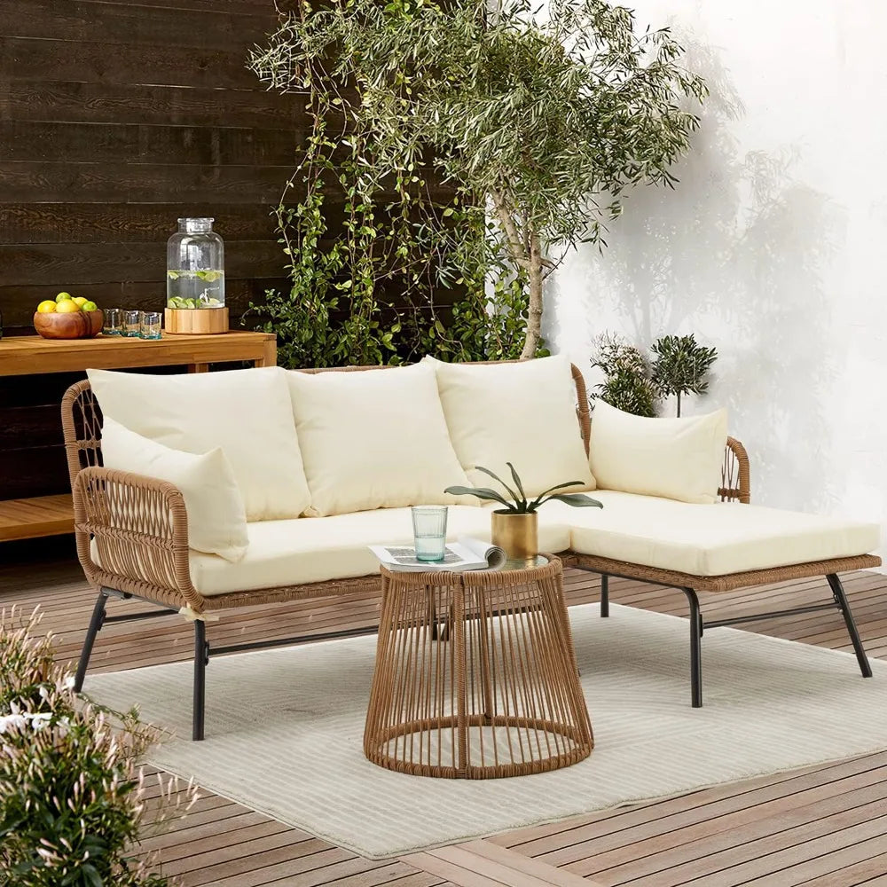 3-Piece L-Shaped Patio Furniture Set with Thick Cushions & Tempered Glass Table for Garden Balcony Porch, White