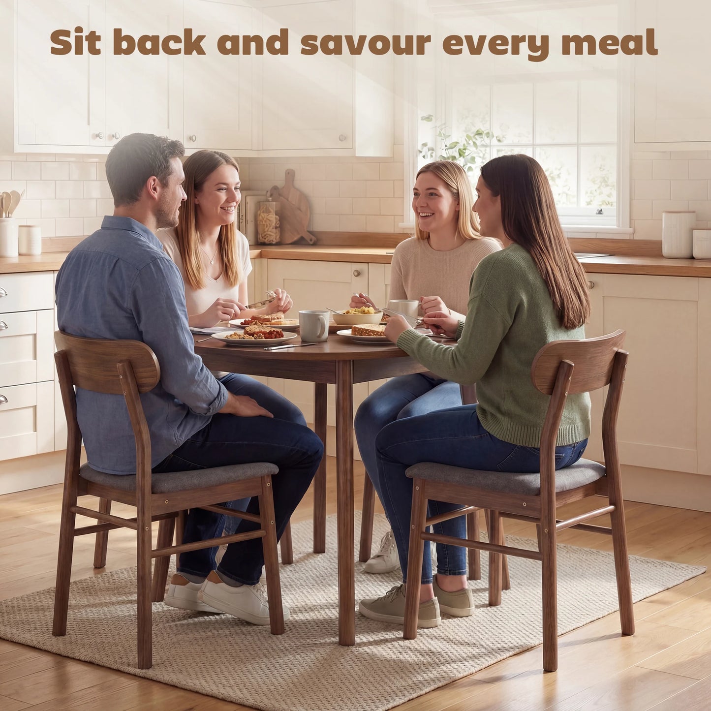 Homcom Dining Chairs Set of 4, Upholstered Solid Wood Kitchen Chairs, Mid-Century Modern Dining Room Chairs with Ergonomic Curved Backrest, Gray