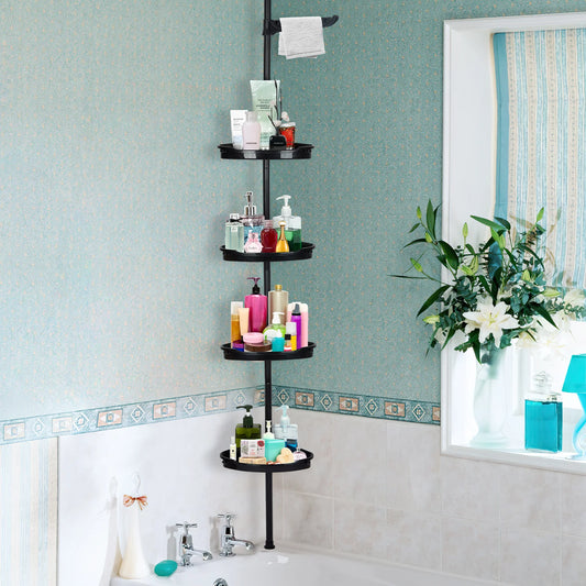 Corner Shower Caddy with Tension Pole 4-Tier Adjustable Shelves Bathroom Storage Organizer with Rubber Pad,101.6 - 122 Inch H