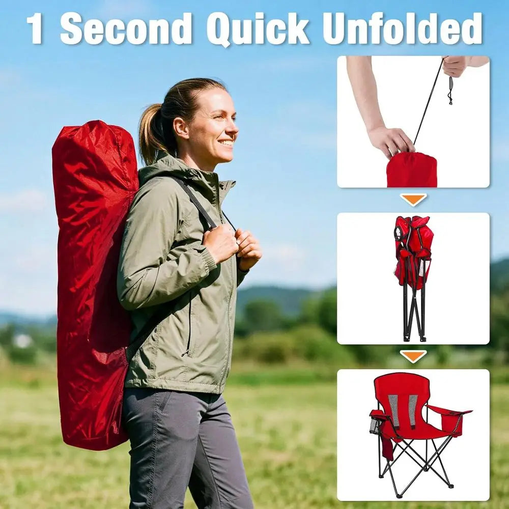 Portable Folding Chairs with 4-Can Cooler and Cup Holder, Heavy Duty Outdoor, Beach, Lawn, Fishing, Red