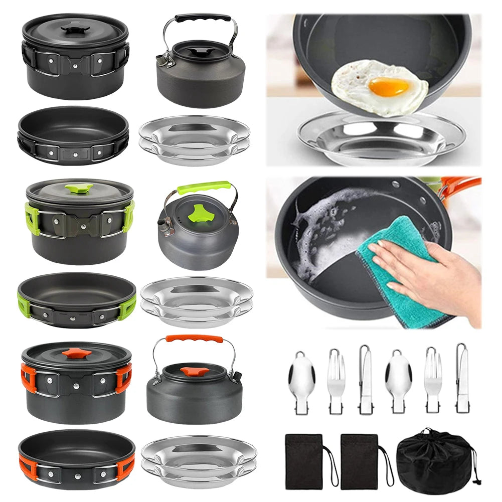 Camping Pot and Pan Set Foldable Spoon/Fork/Knife Outdoor Tableware Equipment Serves for 2-3 Person for Hiking Picnic