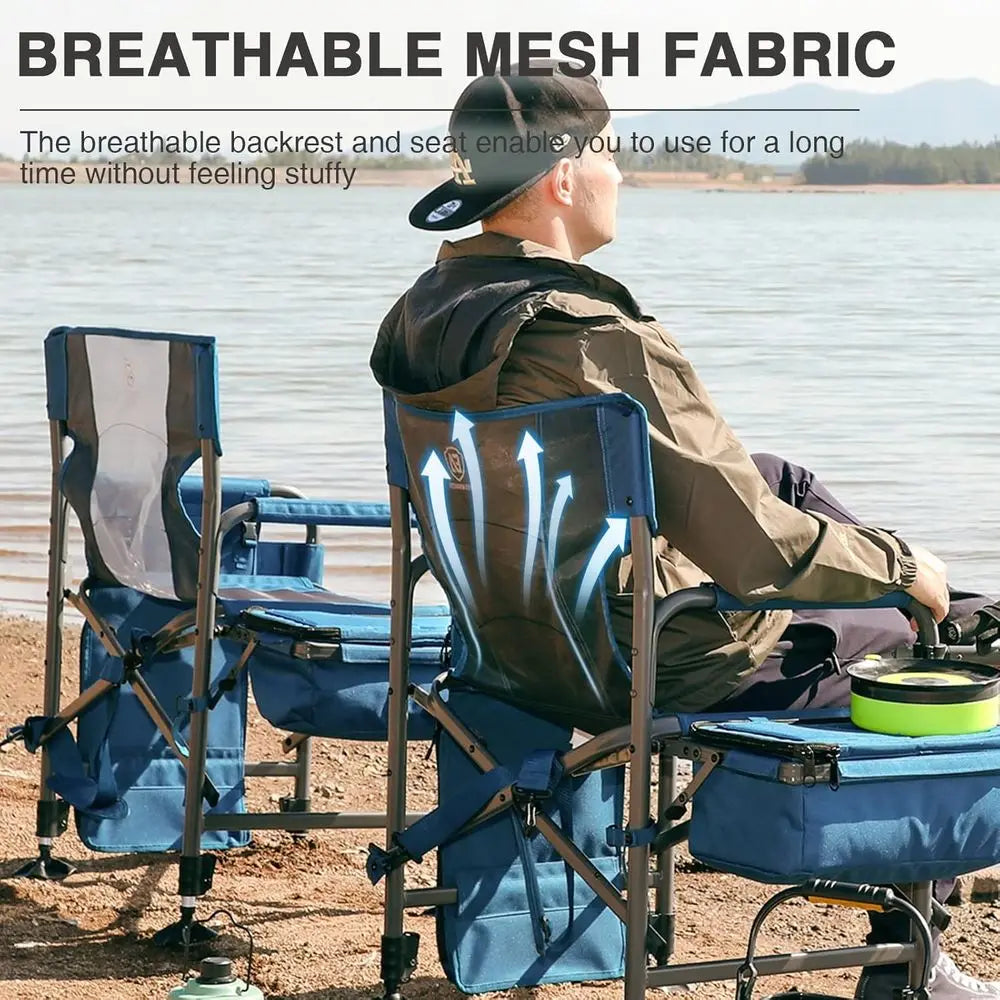 Portable All-Terrain Fishing Chair with Rod Holder, Cooler, Adjustable Feet, Mesh Back, and Shoulder Strap 350LBS