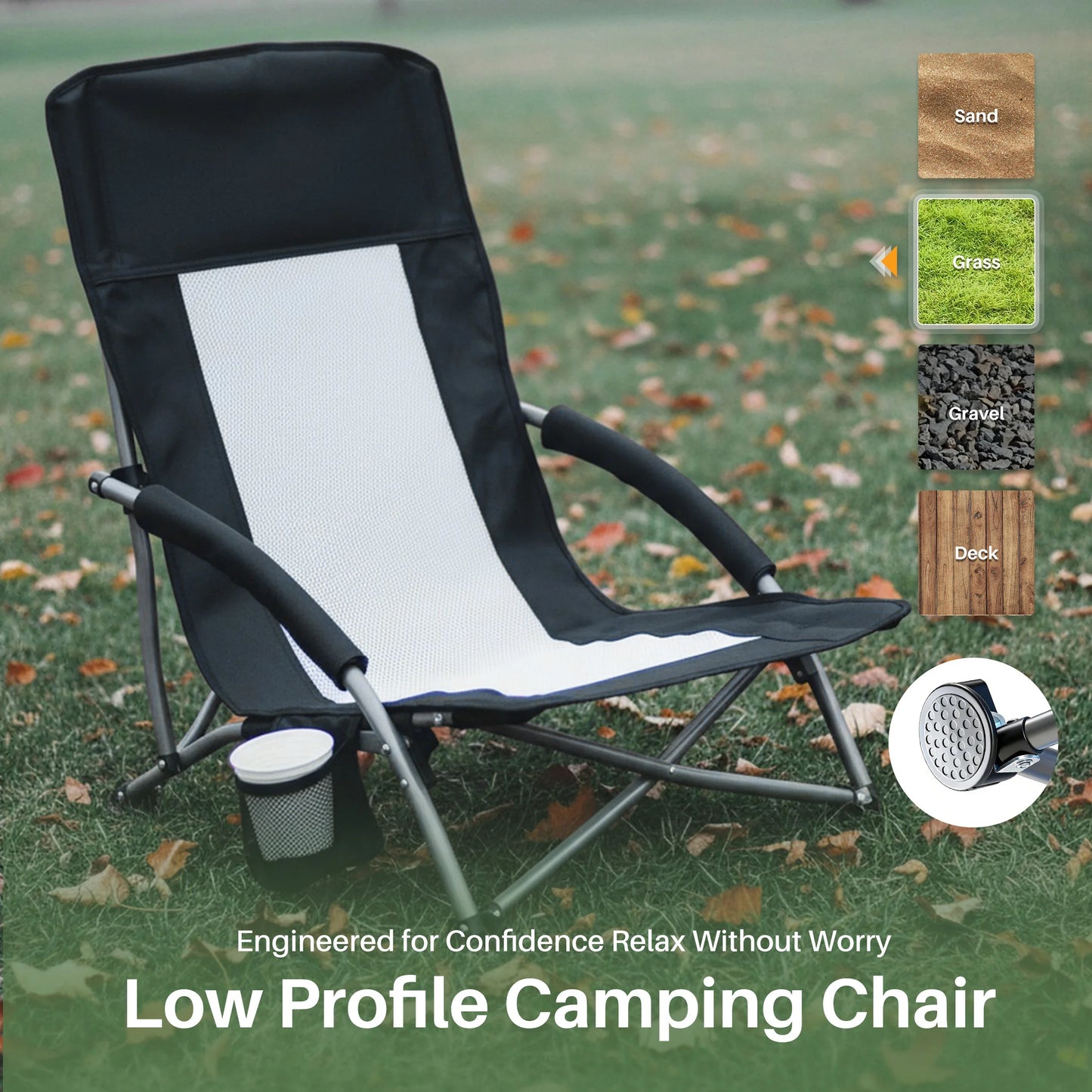 JHK Portable Lightweight Low Camping Beach Chair Mesh Back Padded Armrests Folding Beach Chair with Cup Holder Storage Pocket for Camp Picnic Lawn
