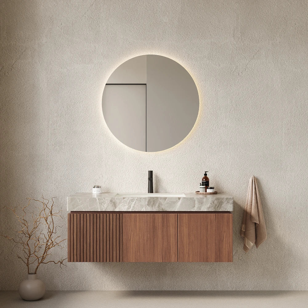 48" Bathroom Vanity with Sink, Wall-Mounted Plywood Bathroom Storage Cabinet with Drawer and Doors, Light Gray Sintered Stone