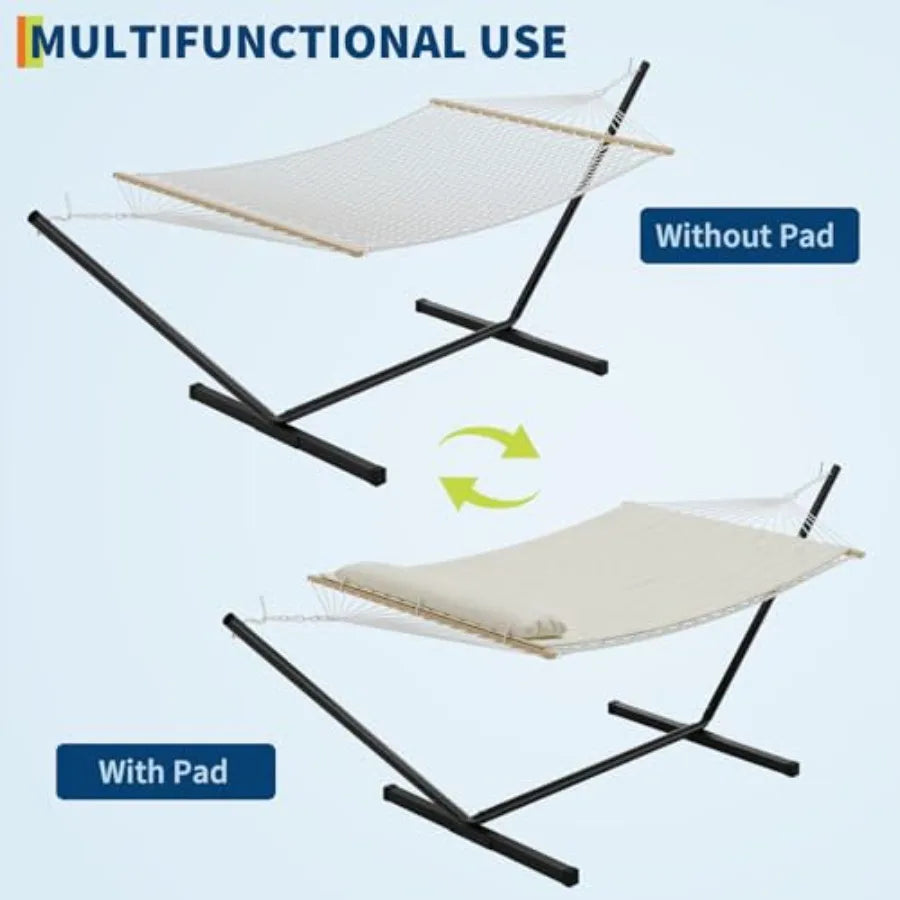 Double Hammock with Stand Heavy-Duty Rope Hammock for Outdoor and Indoor Use, Beige, 350 lbs Capacity, Includes Comfort Pad Pil