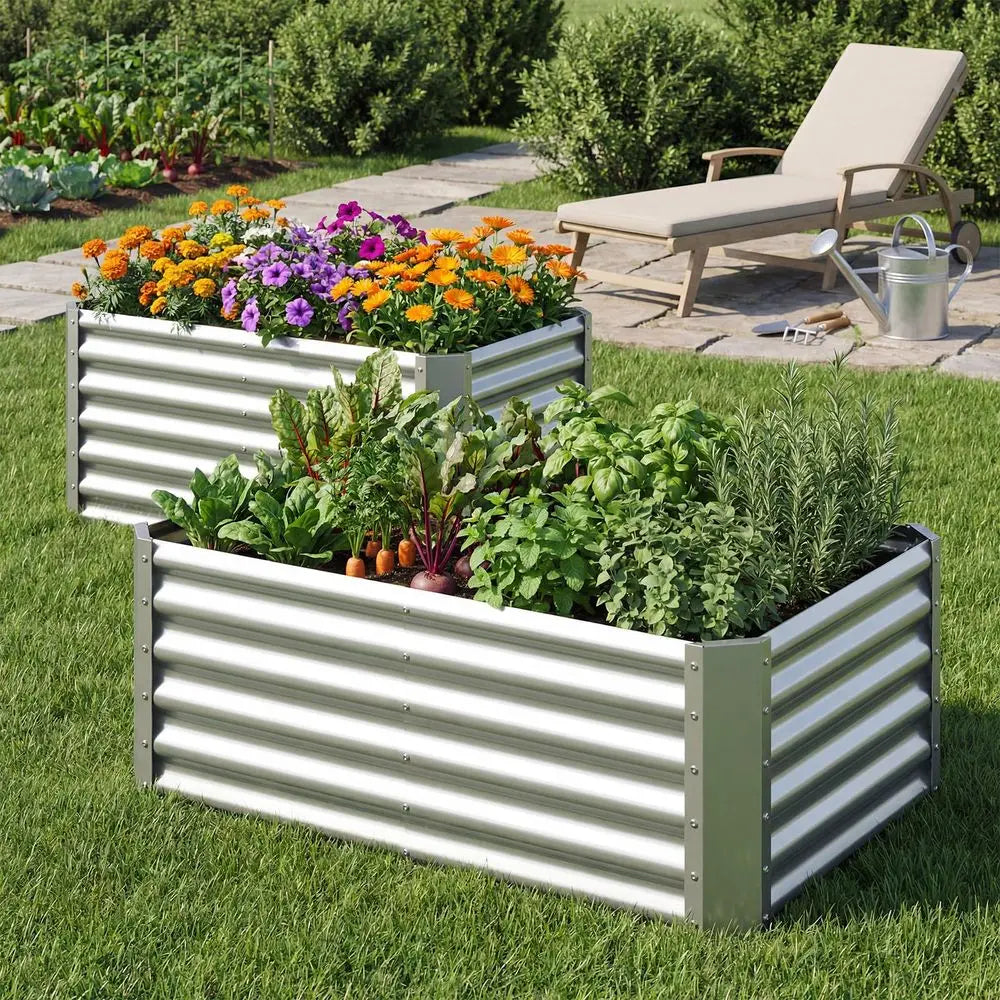 4 x 2 x 2 FT Galvanized Raised Garden Bed, Rectangular Metal Planter Box with OpenEnded Base for Sapling Vegetable Flower Fruit