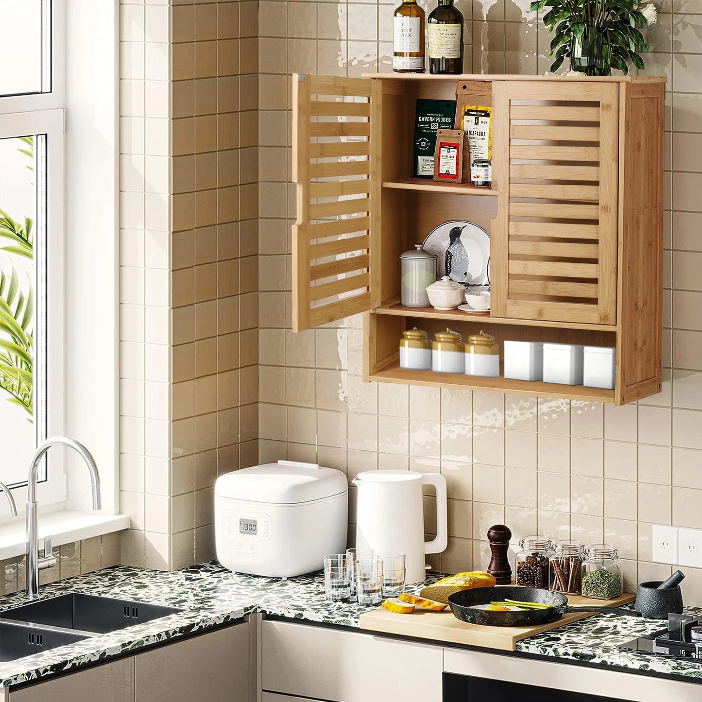 Wall Mounted Bathroom Cabinet Storage Shelf Bamboo Medicine Cabinet