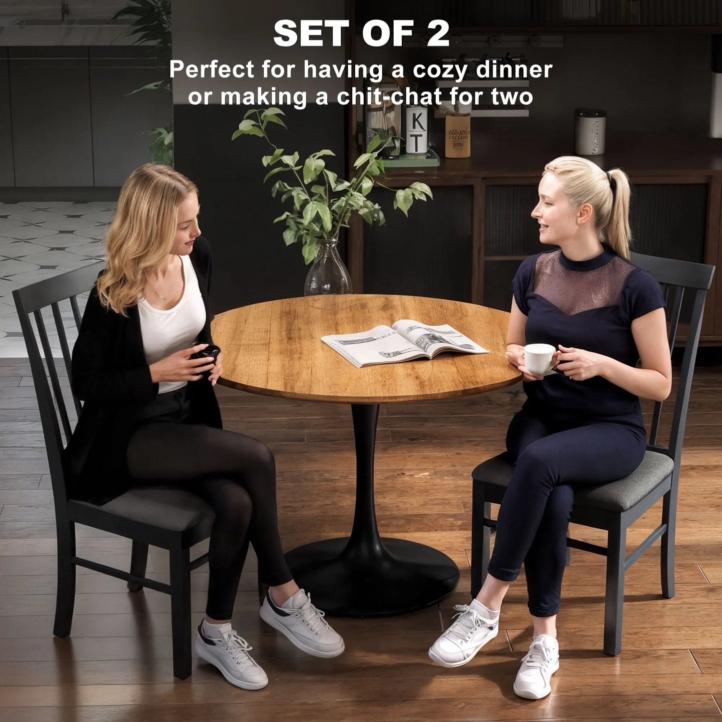 HOMCOM Wooden Dining Chairs Set, Farmhouse Upholstered Kitchen Chairs with Rubber Wood Frame for Living Room, Dining Room, Black and Gray, Set of 2