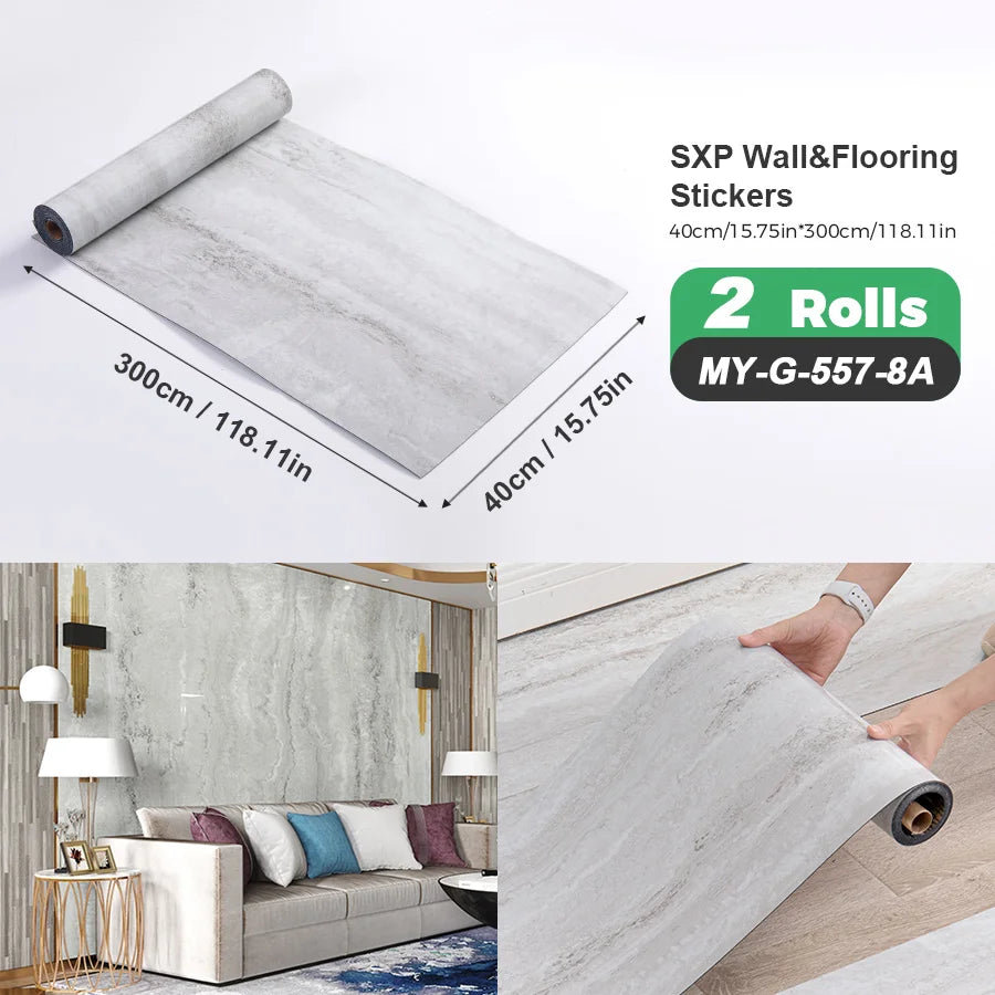 2 Rolls Self-Adhesive Wall and Floor Sticker Peel and Stick 15.75x118.11inch Wood Grain and Marble Design Wallpaper Sticker