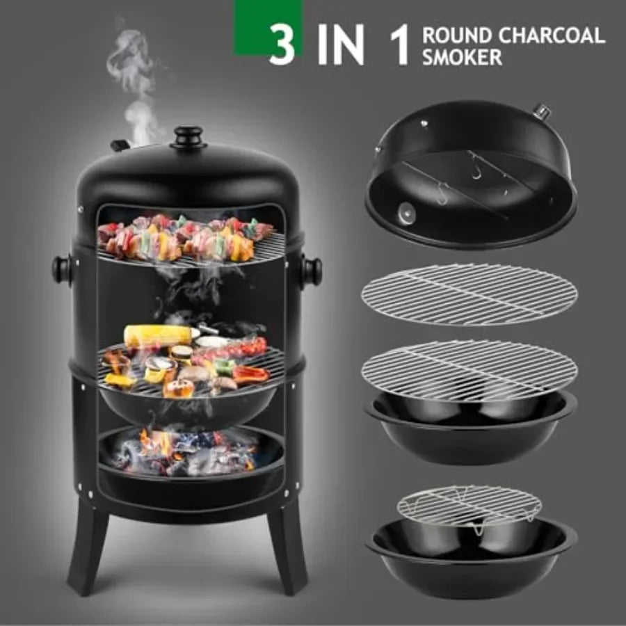 18 Inch Multi-Layer Charcoal BBQ Smoker Grill for Outdoor Cooking, Patio, Parties, Backyard Heavy Duty Steel, Black, with Built