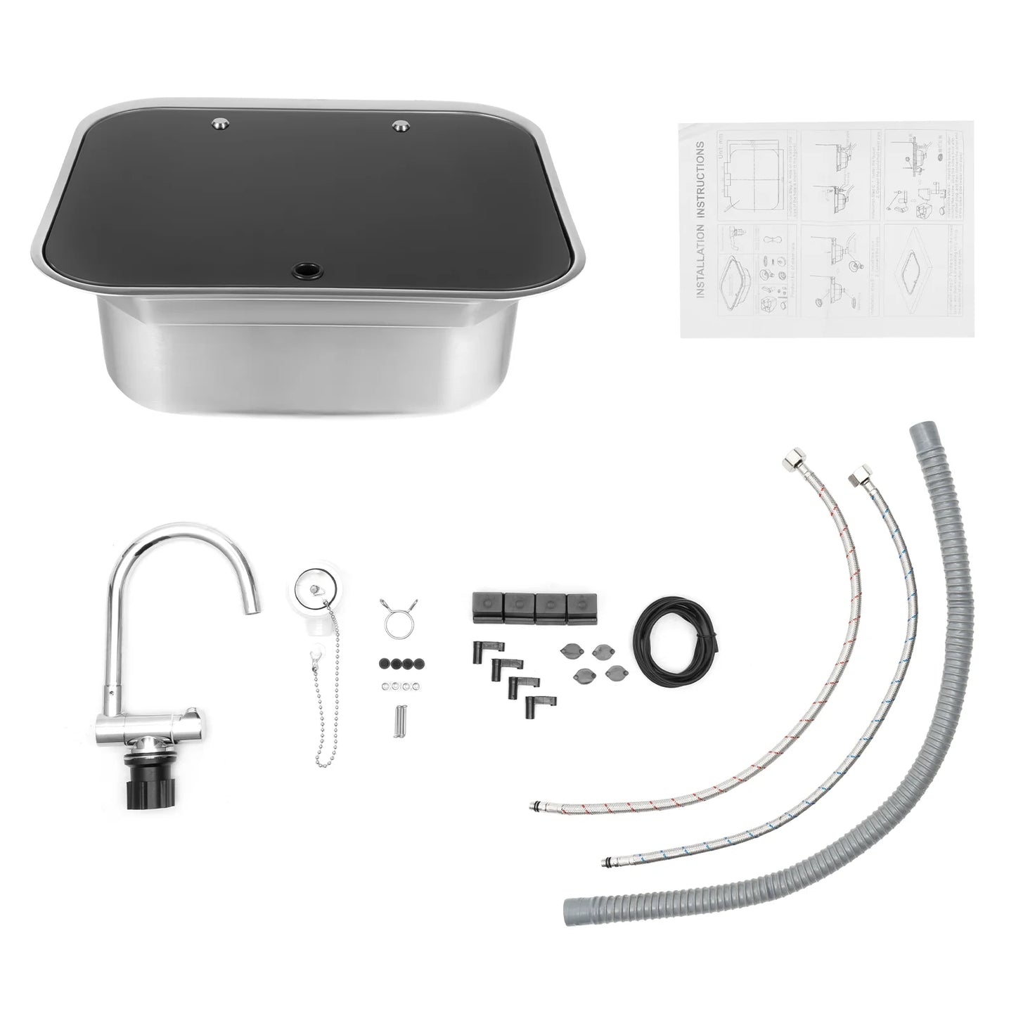 RV Sink with Foldable Tempered Glass Cover&Faucet,Stainless Steel Kitchen Sink Wash Basin Multifunctional Console for Camper Van