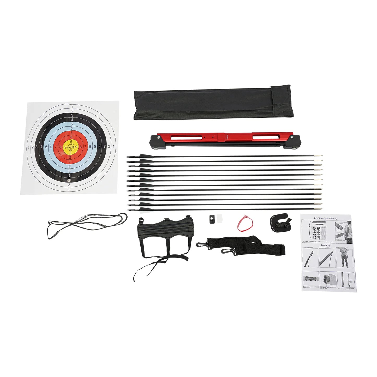 40lbs Traditional Recurve Bow, Archery Set, Foldable Bow, 138cm, Aluminum Alloy Riser, Epoxy Limbs, Red, Right Hand, with Arrows, Arm Guard, Finger Tab, Target Paper, Carry Bag, Portable, for Hunting, Target Shooting, Strengt