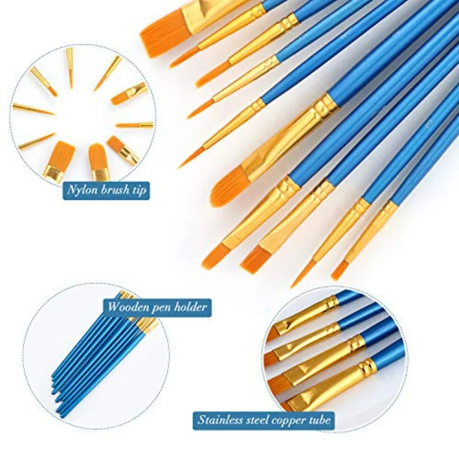 Acrylic Paint Brush Set 1 Pack 10 pcs Watercolor Brushes with Nylon Hair for All Purpose Oil Watercolor Painting Artist Profess