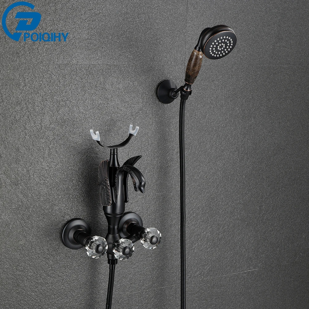 Golden Bath Shower Faucet Set Wall Mounted Swan Bathtub Faucet Bathroom Cold and Hot Bath and Shower Mixer Tap Brass Handshower