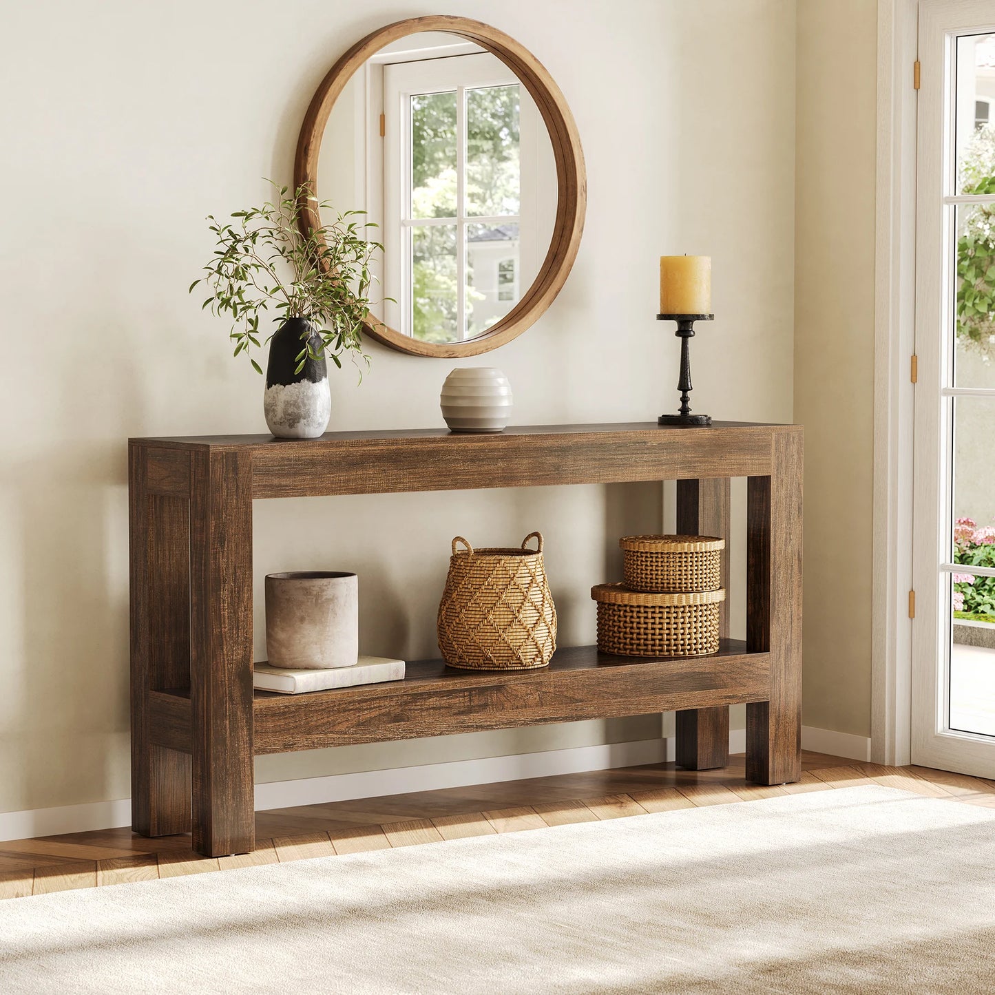 Tribesigns 63" Farmhouse Console Table with 2-Tier Shelves, Long Narrow Wood Entryway Table for Hallway & Living Room