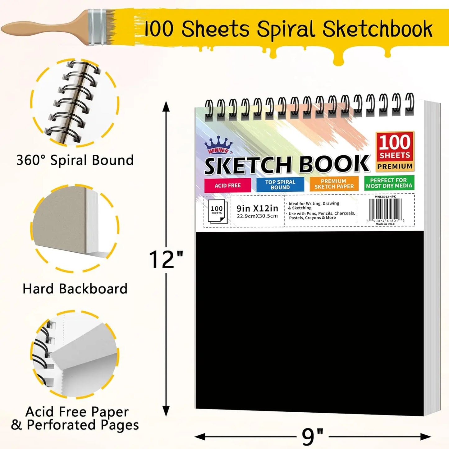 9x12 Sketch Book 4 Pack, 400 Sheets Spiral Bound Art Paper, 68lb/100gsm Acid Free Drawing Pad for Kids Adults