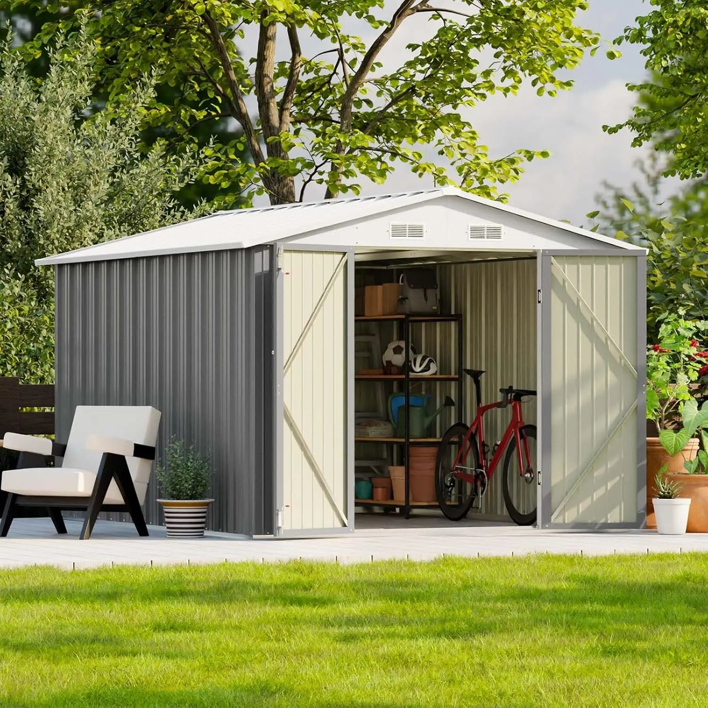 8x10FT Outdoor Storage Shed Metal Sloping Roof Double Lockable Door Backyard Garden Patio Lawn Tool Custom