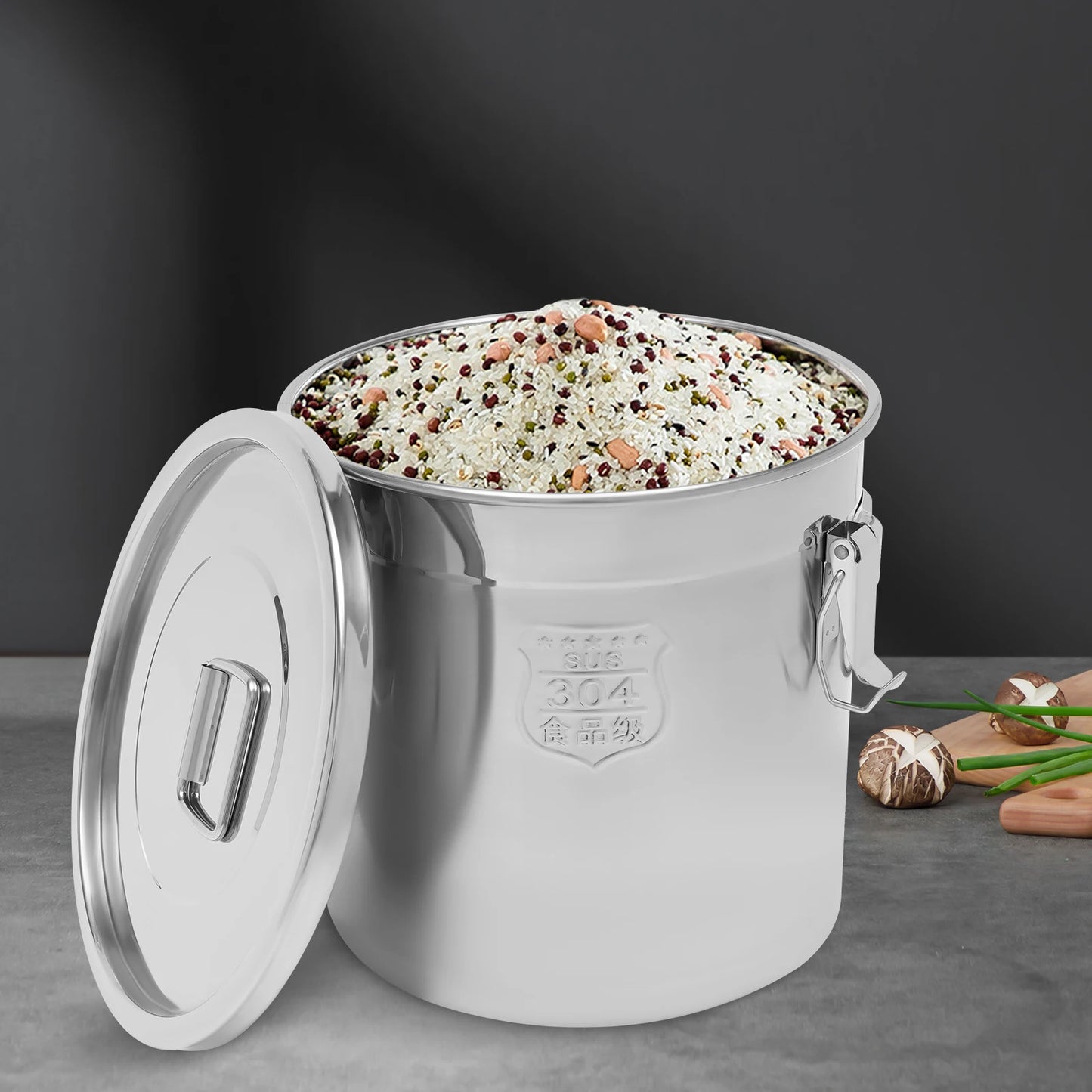 21L Stainless Steel Airtight Rice Bucket Canister Kitchen Food Storage Container 304 Stainless Steel Rice Container with Lid