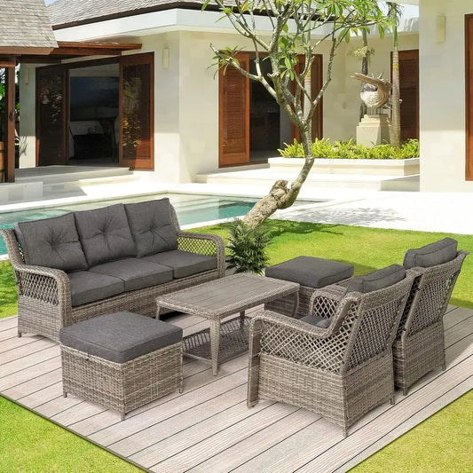 6-Piece Grey Outdoor Wicker Patio Furniture Set with Sectional Sofa, Coffee Table, High Back Chairs, Ottoman, and Cushions for G