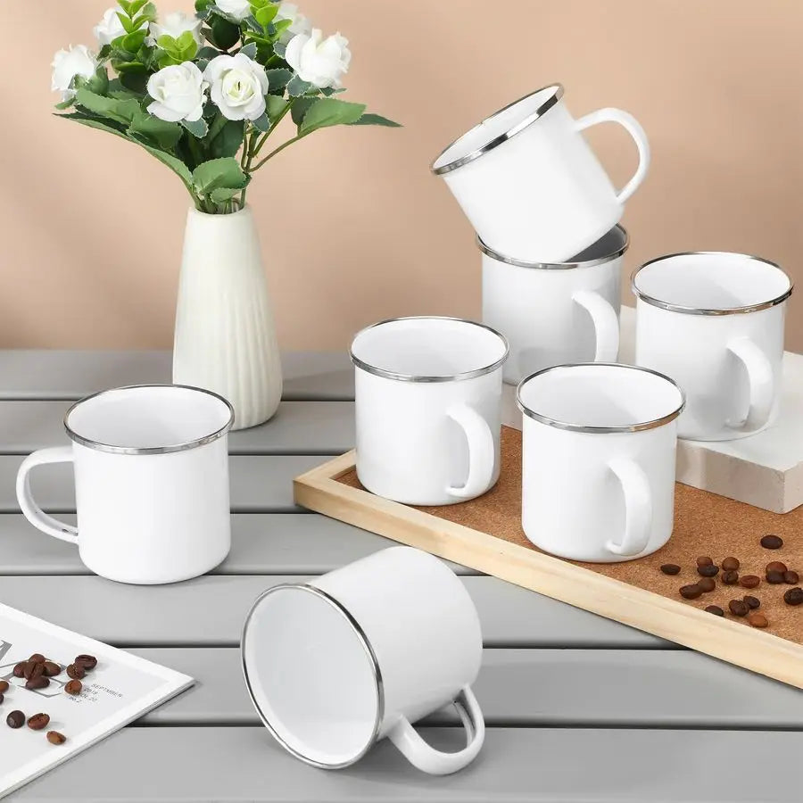 24 Pcs Enamel Mug White Camping Coffee Mug with Handle Silver Rim Portable Drinking Cup Metal Round Camp Enamel Cup for Tea and