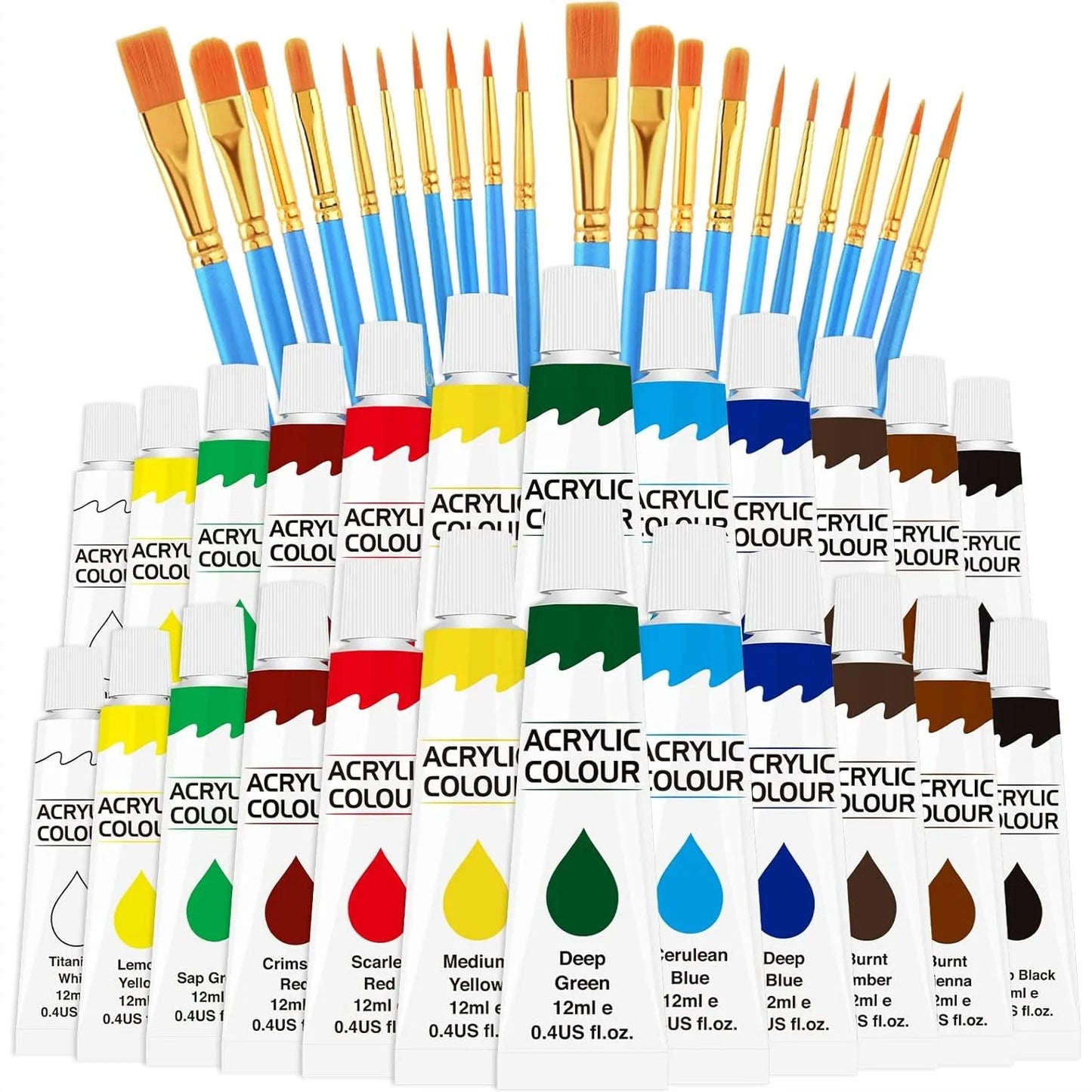 Acrylic Paint Set 12 Colors with 20 Paint Brushes, Non-Toxic Craft Kit for Adults and Beginners, Perfect for Canvas, Paper, Wood