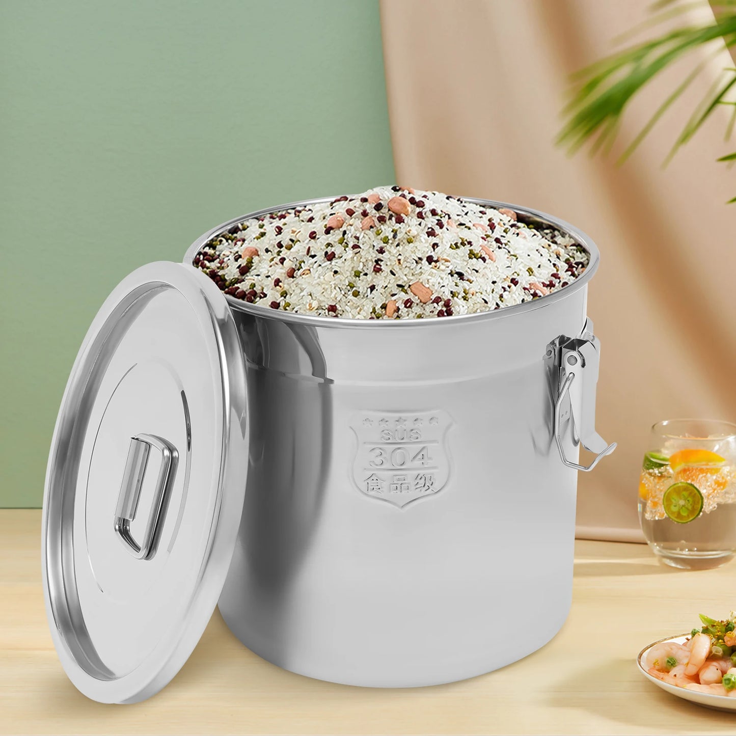 21L Stainless Steel Airtight Rice Bucket Canister Kitchen Food Storage Container 304 Stainless Steel Rice Container with Lid