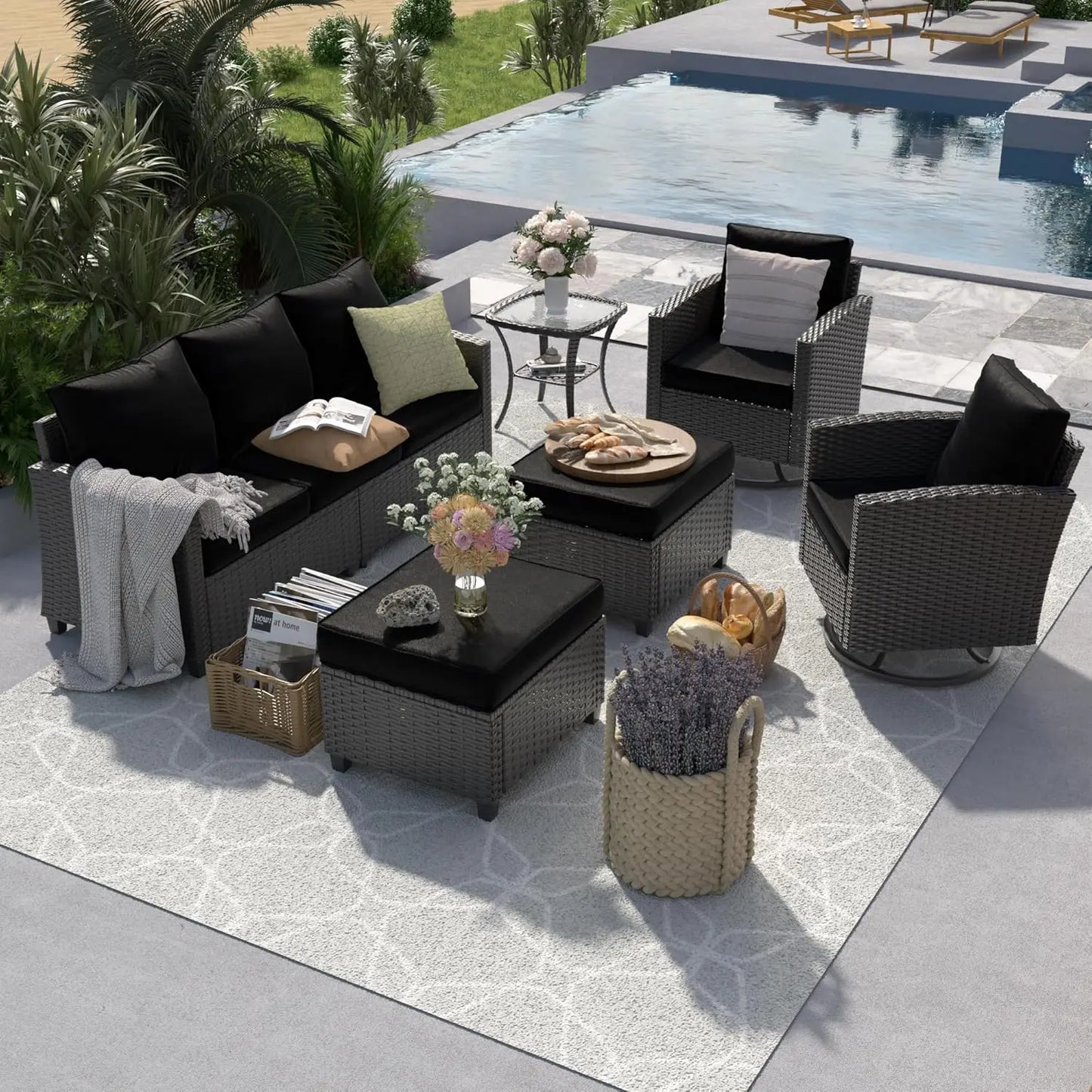 6pc Gray PE Rattan Sectional Sofa Set Swivel Chair & Side Table 4" Cushions Patio Garden, Customized