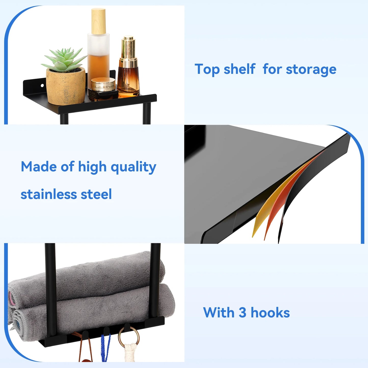 Towel Racks for Bathroom 3 Tier Towel Holder with Shelf & 6 Hooks Wall Mounted Vertical Rolled Towel Storage Organizer Hoder