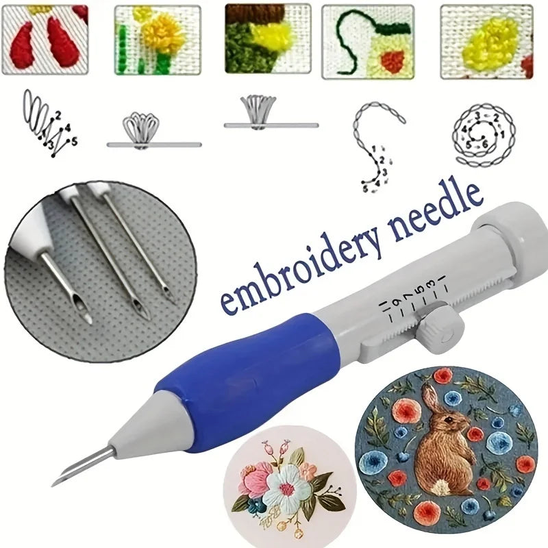 1PC Adjustable Magic Embroidery Pen Set with 3 Needles, Threader, Scissors, and Ergonomic Fabric Craft Design for DIY Sewing