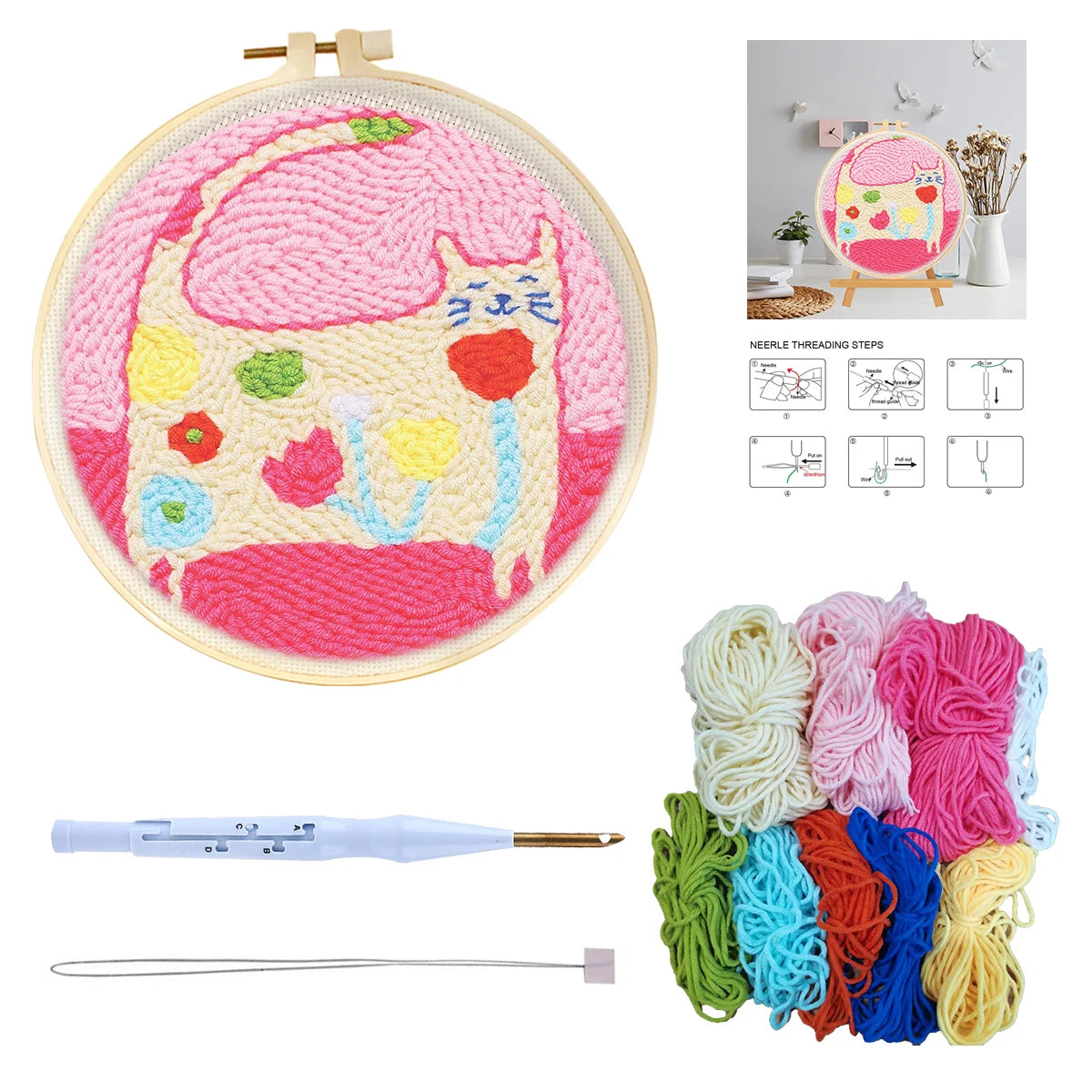 Diy Punch Needle Embroidery Starter Kits For Beginner Cartoon Cute Animals Poking Embroidery Yarn Painting Arts