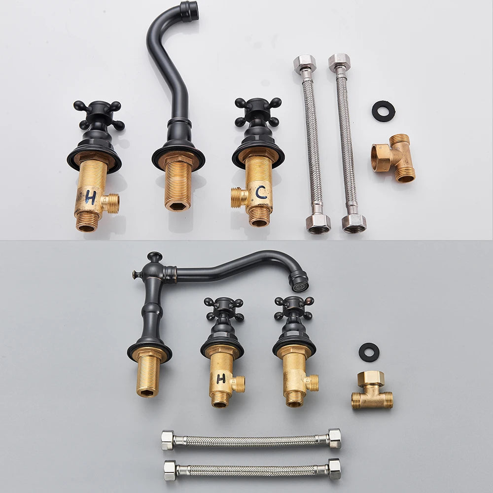POIQIHY Antique Brass Bathtub Mixer Taps 3 pcs Basin Faucet Dual Handles Hot and Cold Tap Wall Mounted Basin Faucet