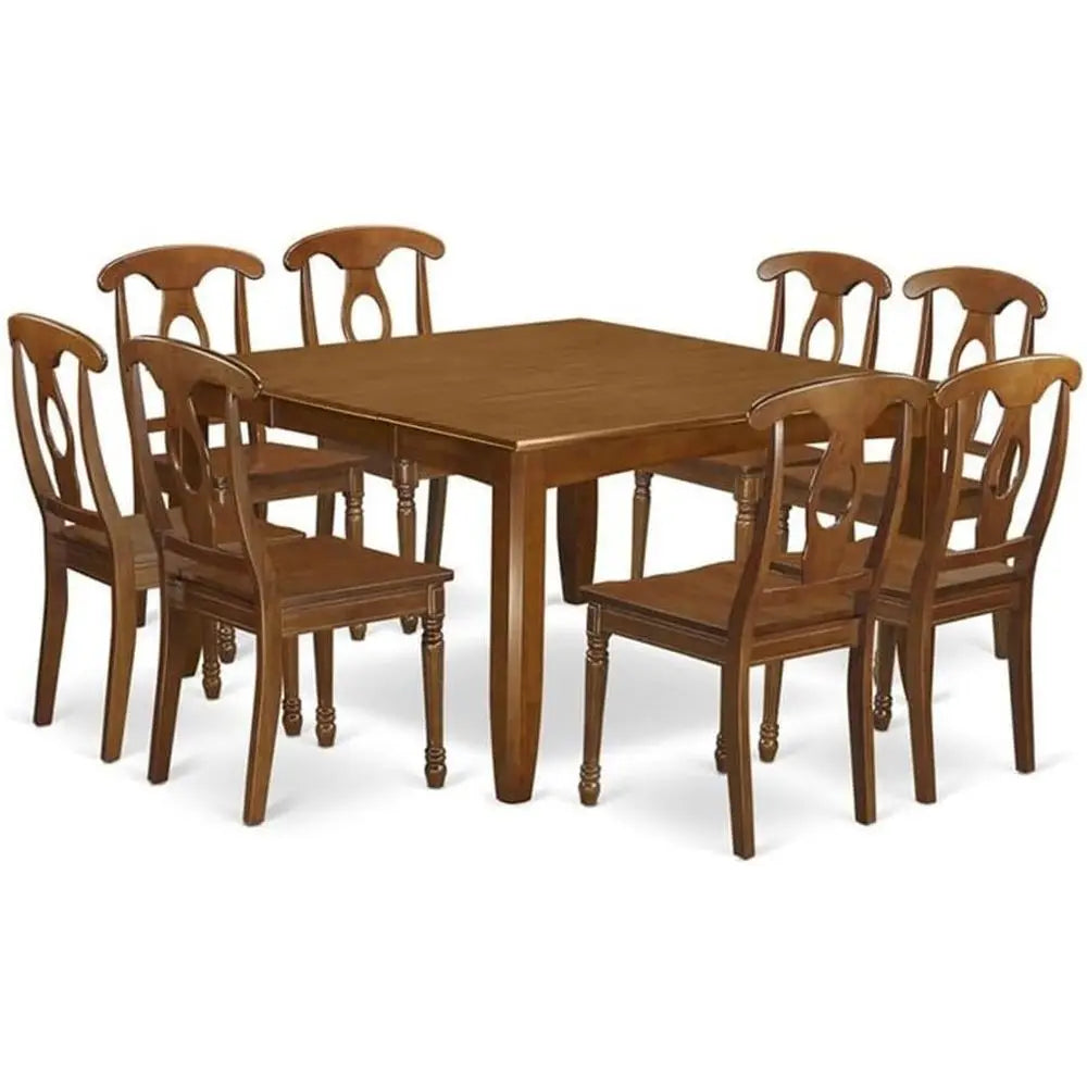 Dining Room Sets，9-Piece Dining Set: Square Wooden Table with 8 Chairs, 54x54 Inch, Brown