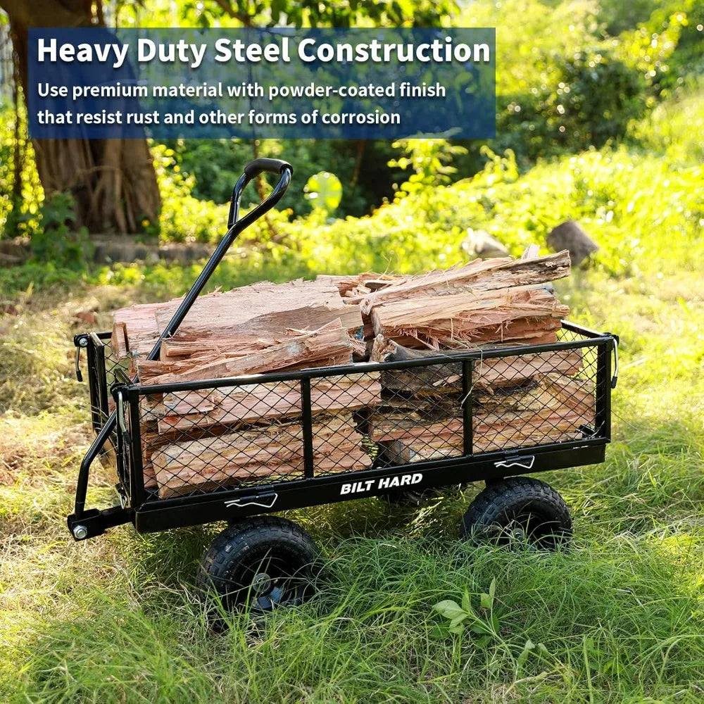 BILT HARD 400 lbs 10" Flat Free Tires Steel Garden Cart with 180° Rotating Handle and Removable Sides, 4 Cu.Ft Capacity Utility
