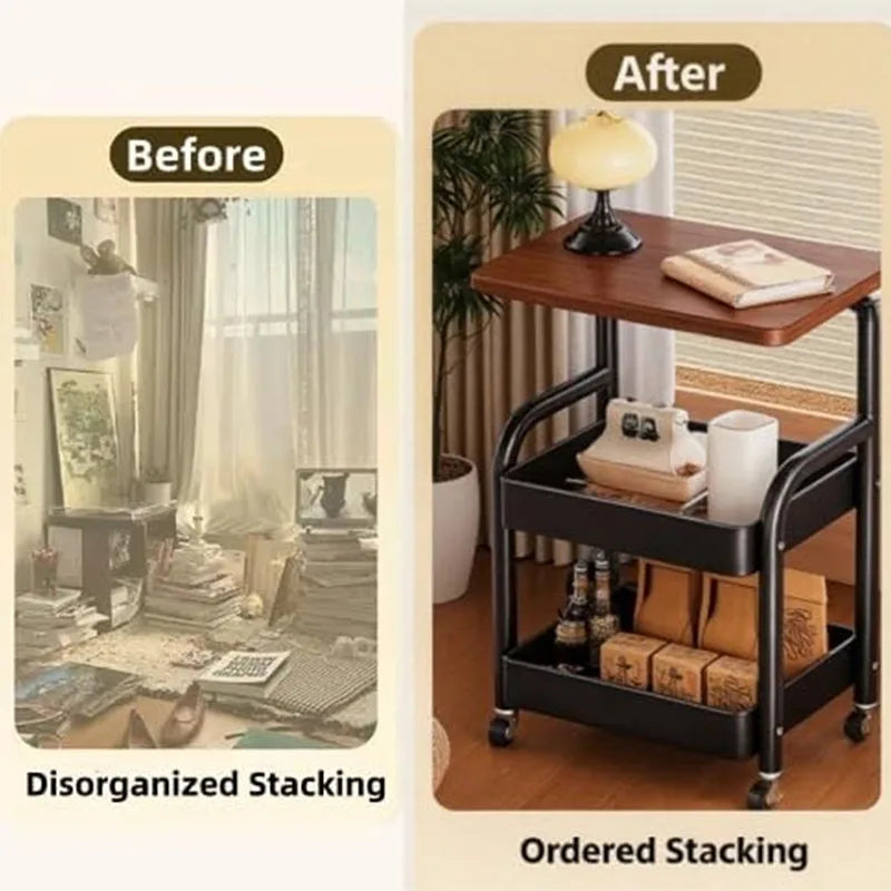 Three-Tier Metal Rolling Multi-Functional Storage Cart with Walnut Wood Top, Stable and Durable, with Two Lockable Wheels, Suitable for Kitchen, Bathroom, Snacks, Coffee, Crafts, Cosmetics, and Baby Products