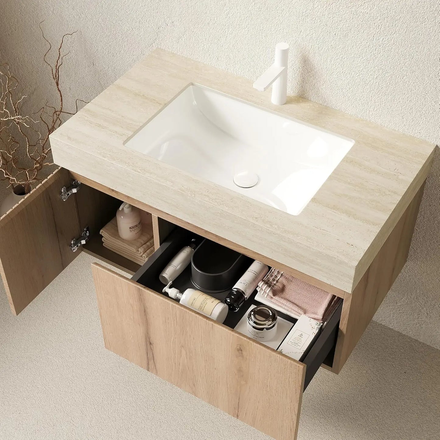 36in Wall Mounted Bathroom Vanity with Sink Ceramic Basin Travertine Countertop Storage Drawer Door Light Wood Customized