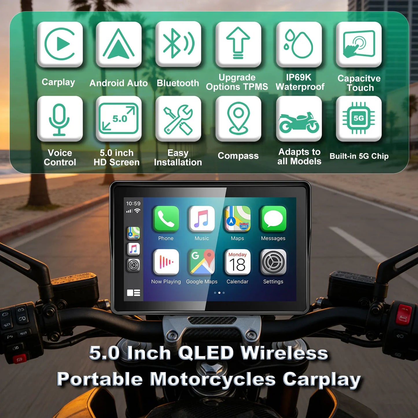 5 inch Wireless Motorcycle CarPlay Android Auto Compatible with All Models Portable GPS Navigation Dashboard Fit For ZX Moto