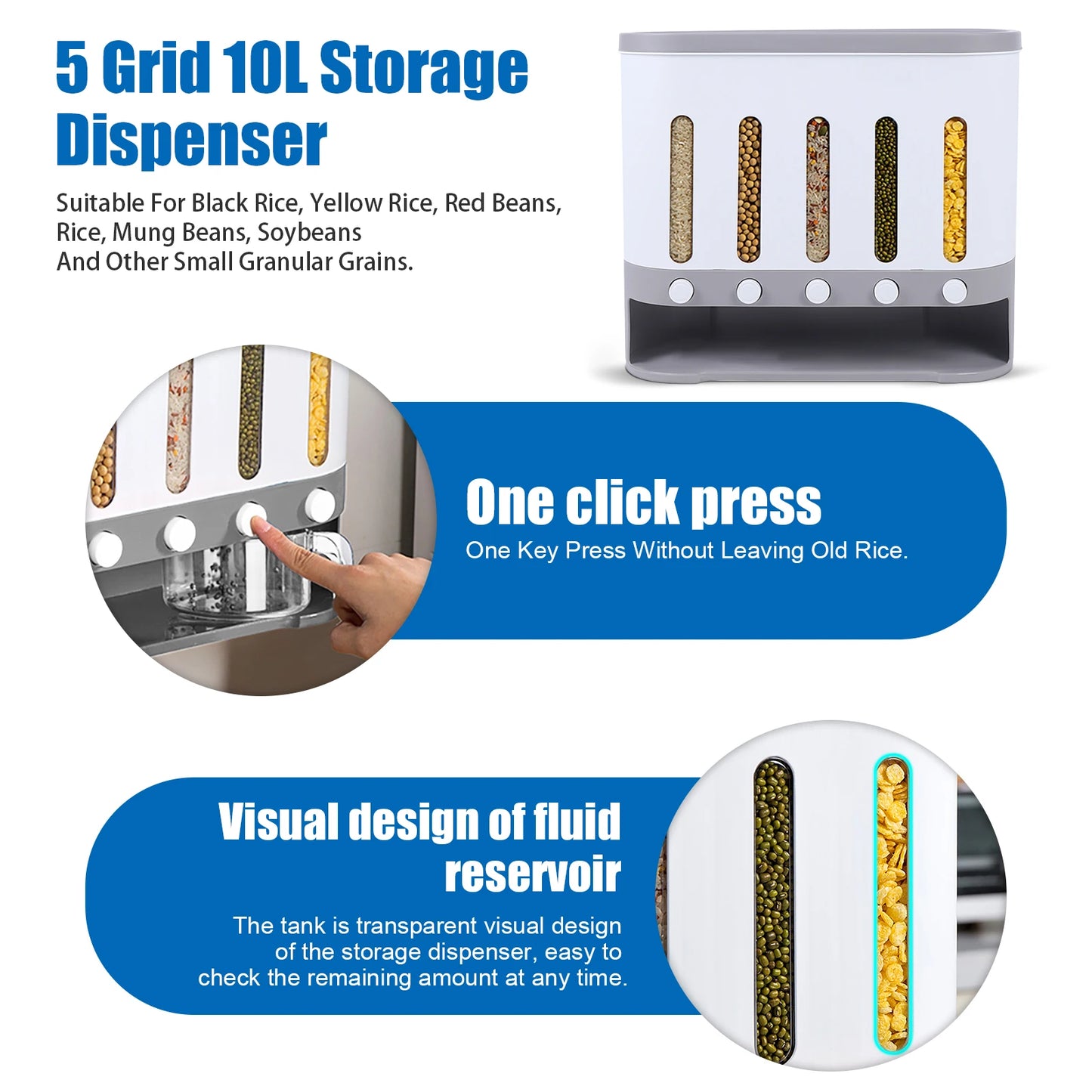 Dry Food Dispenser,Wall mounted 5 Grid Cereal Dispenser,Rice dispenser 20 pounds Kitchen Storage with Measuring Cup