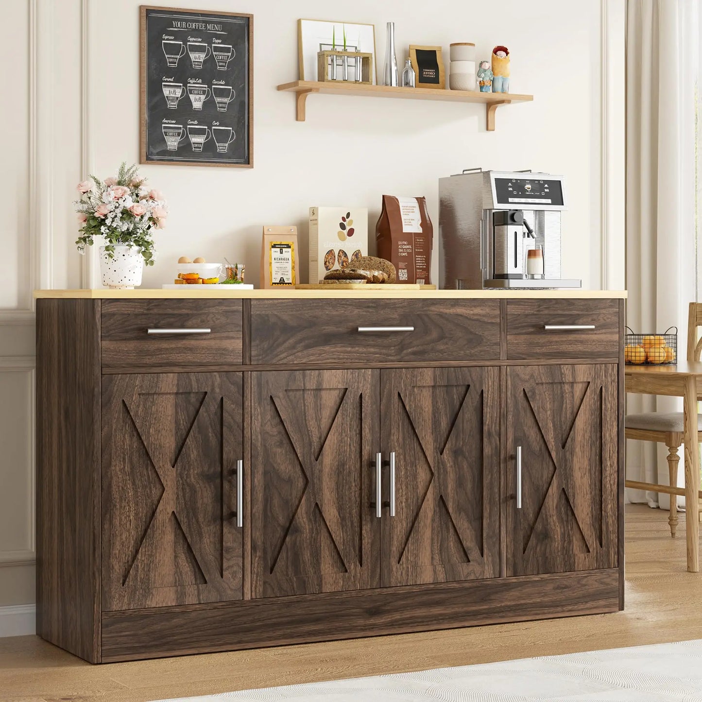 Vongrasig Farmhouse Buffet Cabinet Drawers Adjustable Shelves Large Sideboard Kitchen Dining Room Storage White