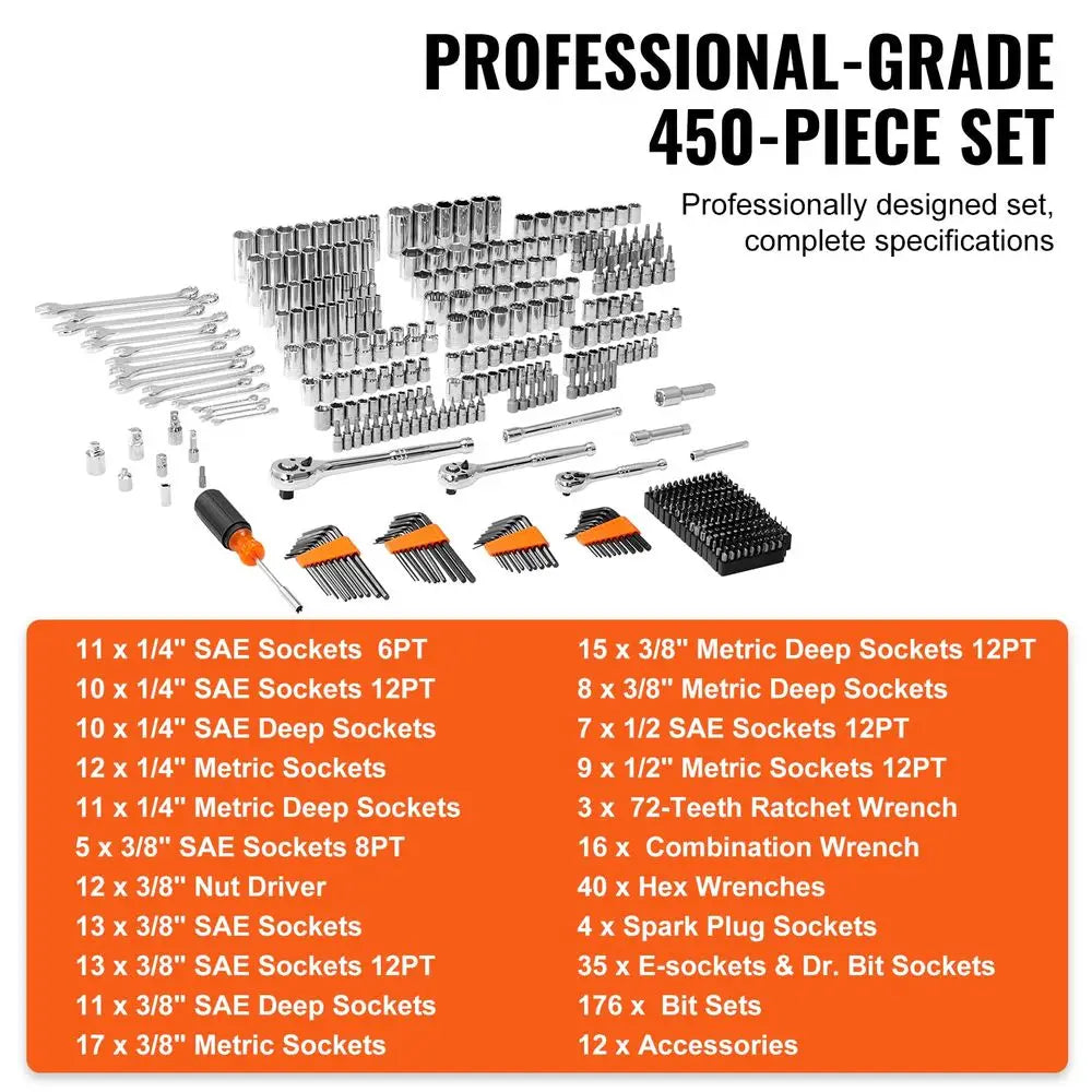 Mechanics Tool Set and Socket Set, 1 4 3 8 1 2 Drive Deep and Standard Sockets, 450 Pcs SAE and Metric Mechanic Tool Kit with B