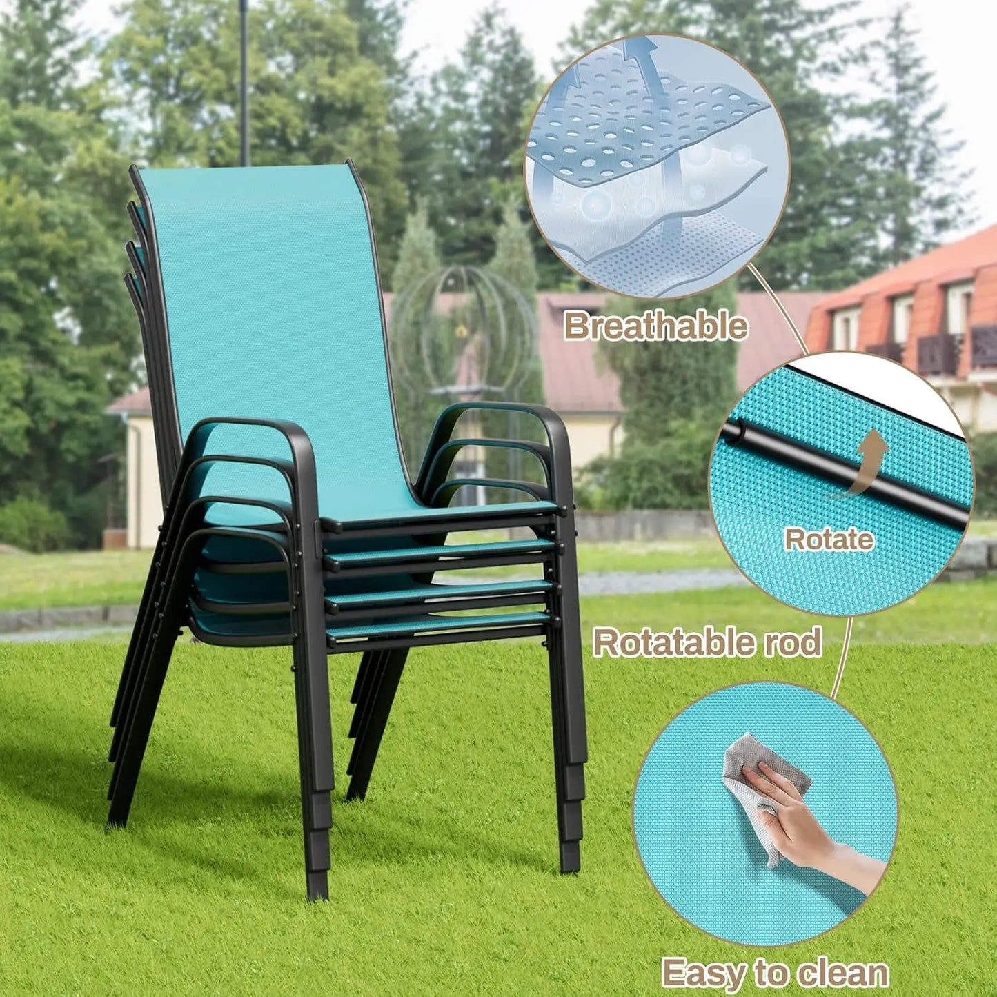 Patio Dining Set 5 Pieces, All Weather Outdoor Furniture W/30"X 30" Table and 4 Stackable Textilene Chairs, Metal, Customized