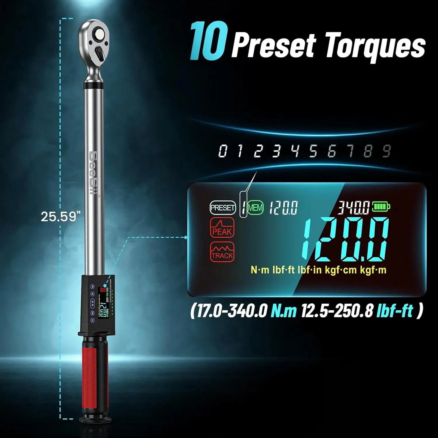Seesii 1/2"Digital Torque Wrench 340Nm Electric Wrench 2%Accuracy long Wrench w/LED light 3 Adjustable Modes for car Motorcycle