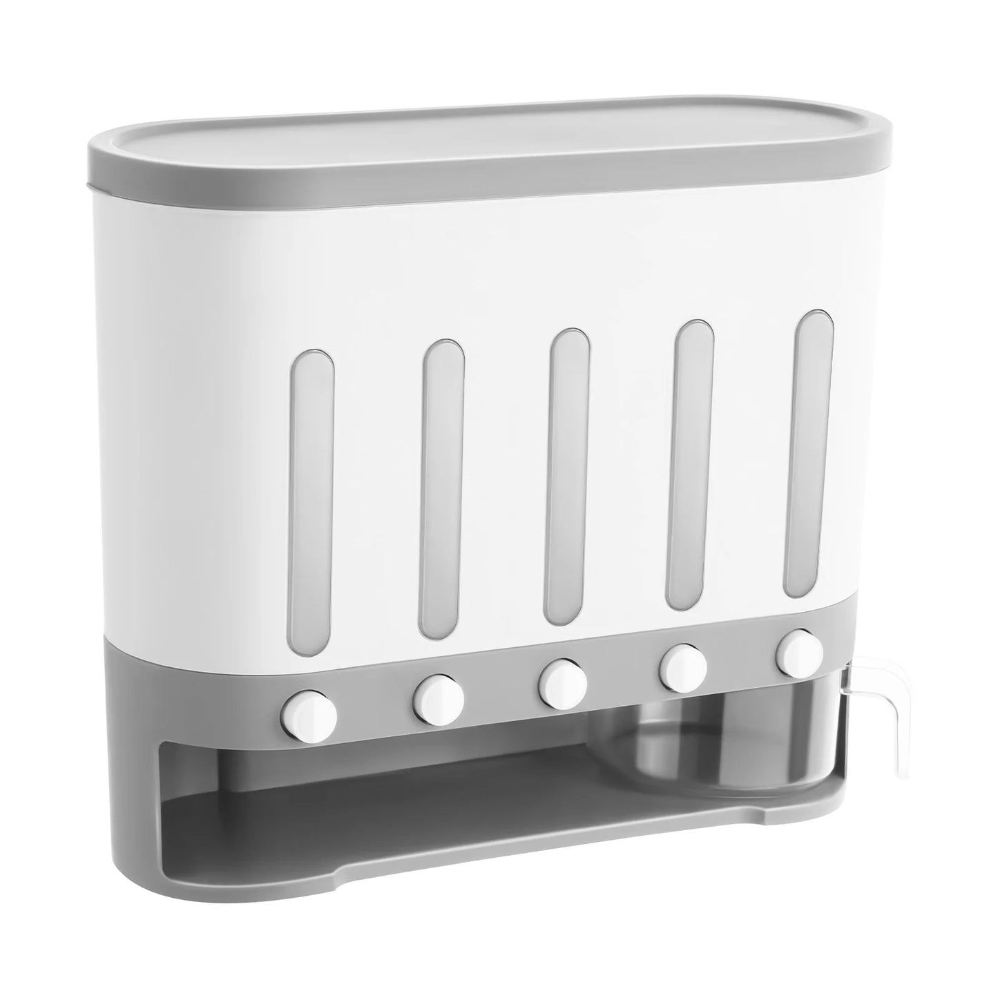 Dry Food Dispenser,Wall mounted 5 Grid Cereal Dispenser,Rice dispenser 20 pounds Kitchen Storage with Measuring Cup