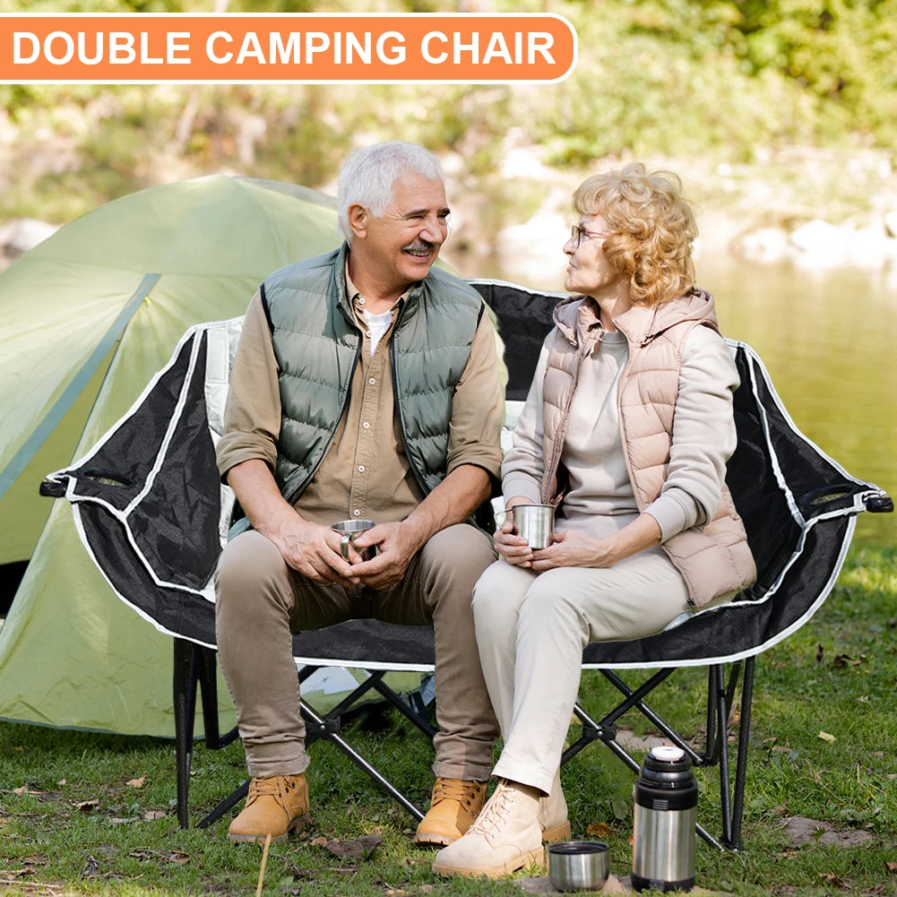 Double Camping Chair Folding Loveseat Chair with Cup Holder and Carry Bag Portable Camping Bench Padded Lawn Chairs for Adults