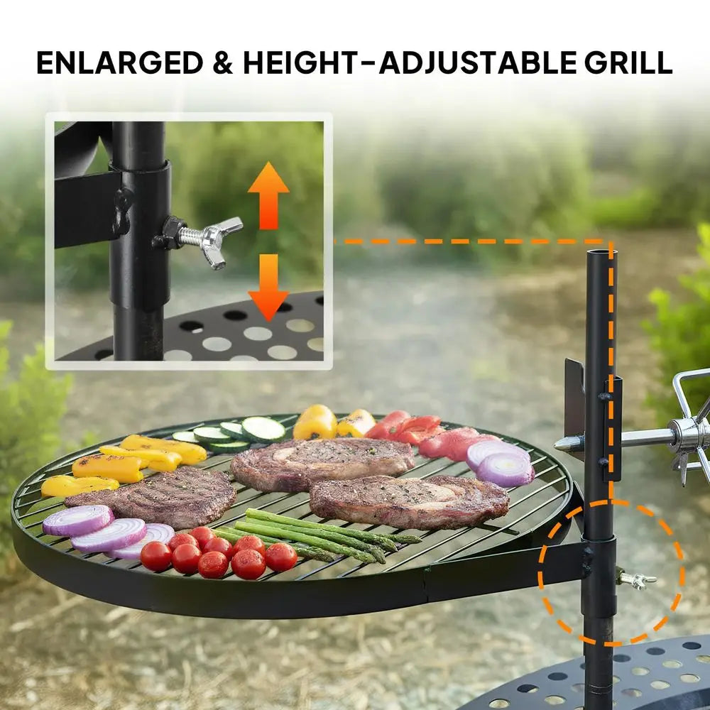Upgrated 33 Outdoor Fire Pit with 2 Grills, Grill with Side Shelves, Wood Burning Round Firepit with Swivel Cooking Grate, Remo