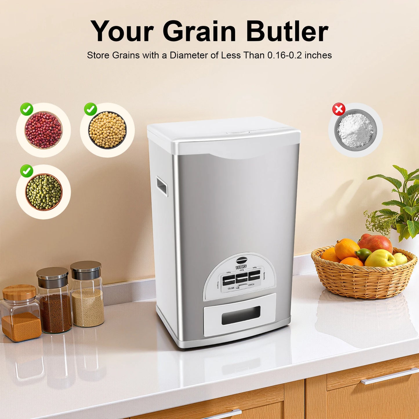 Smart Rice Dispenser 33LBS, One-Touch Grain Storage Container, Airtight Stainless Steel for Kitchen, Home & Restaurant