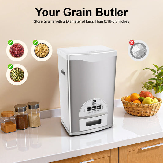 Smart Rice Dispenser 33LBS, One-Touch Grain Storage Container, Airtight Stainless Steel for Kitchen, Home & Restaurant