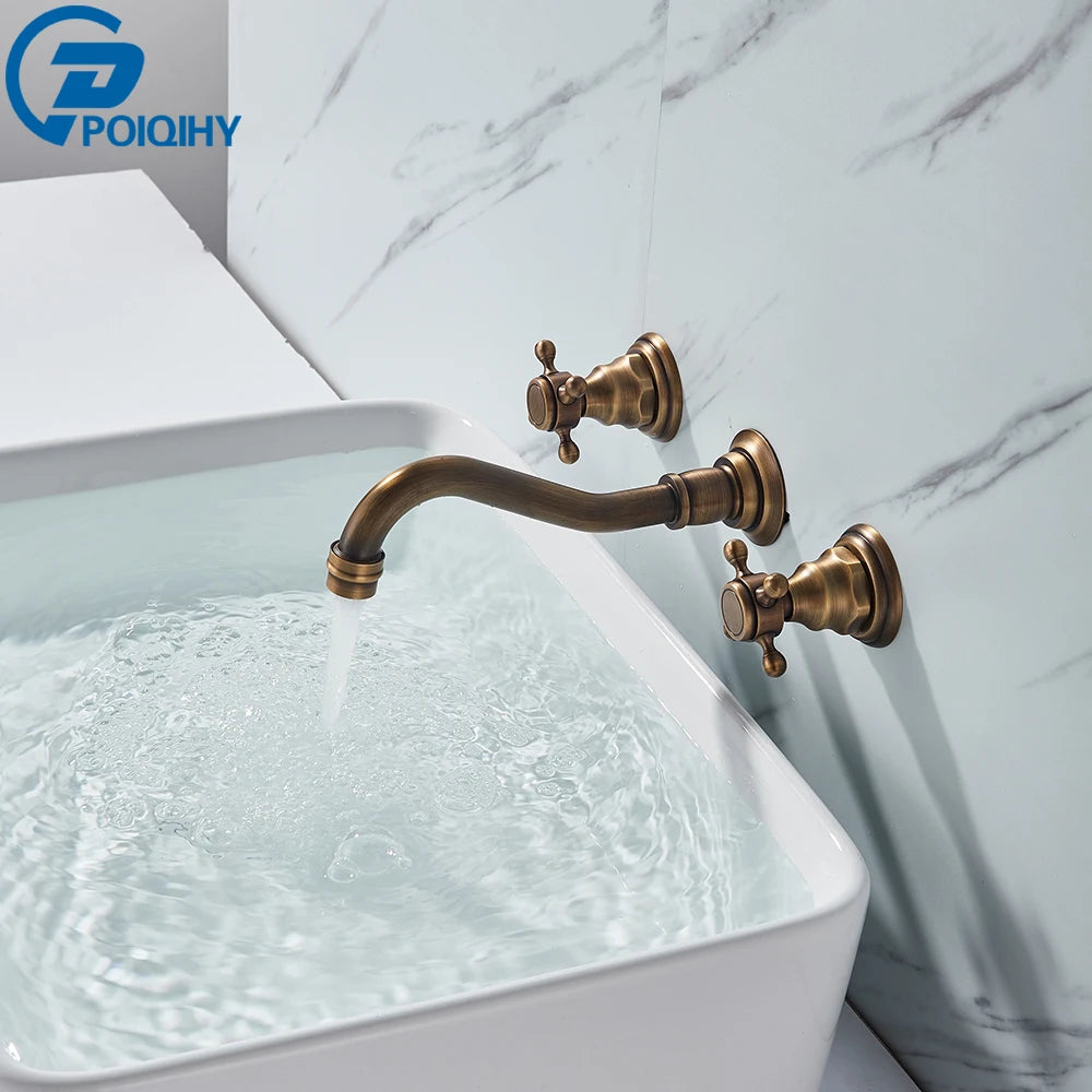 POIQIHY Antique Brass Bathtub Mixer Taps 3 pcs Basin Faucet Dual Handles Hot and Cold Tap Wall Mounted Basin Faucet