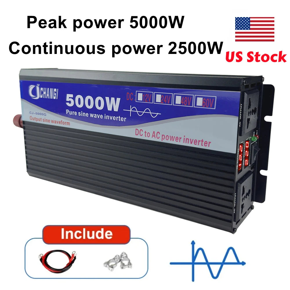 Pure Sine Wave Inverter 3000W 5000W DC 12V 24V 48V 60V 72V to AC 110V Digital Display Converter for Home RV Solar System