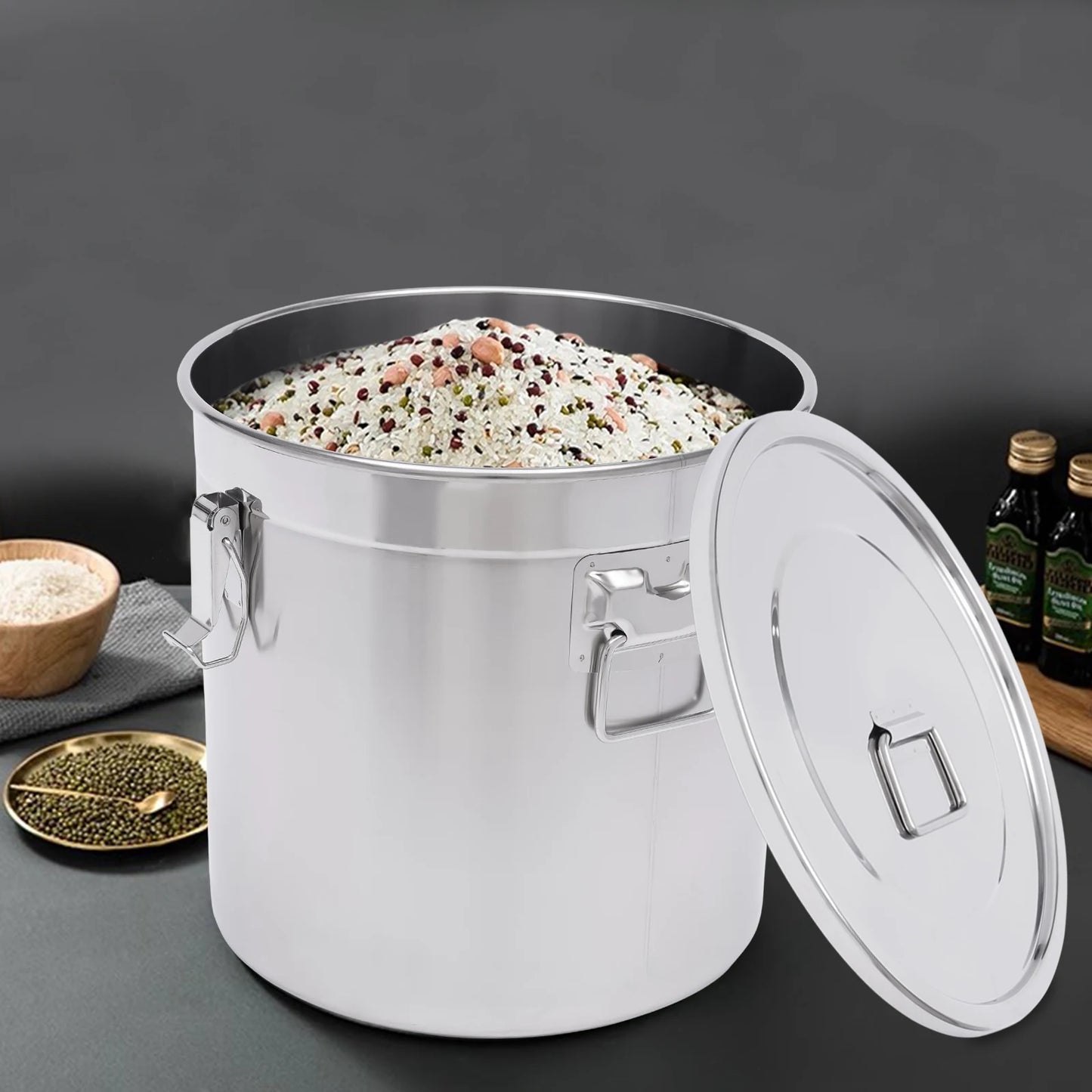 12/33L Airtight Canister 304 Stainless Steel, 3.2Gal Canisters Container w/Lids and Sturdy Locking Clamp,for Rice, Flour, Grain