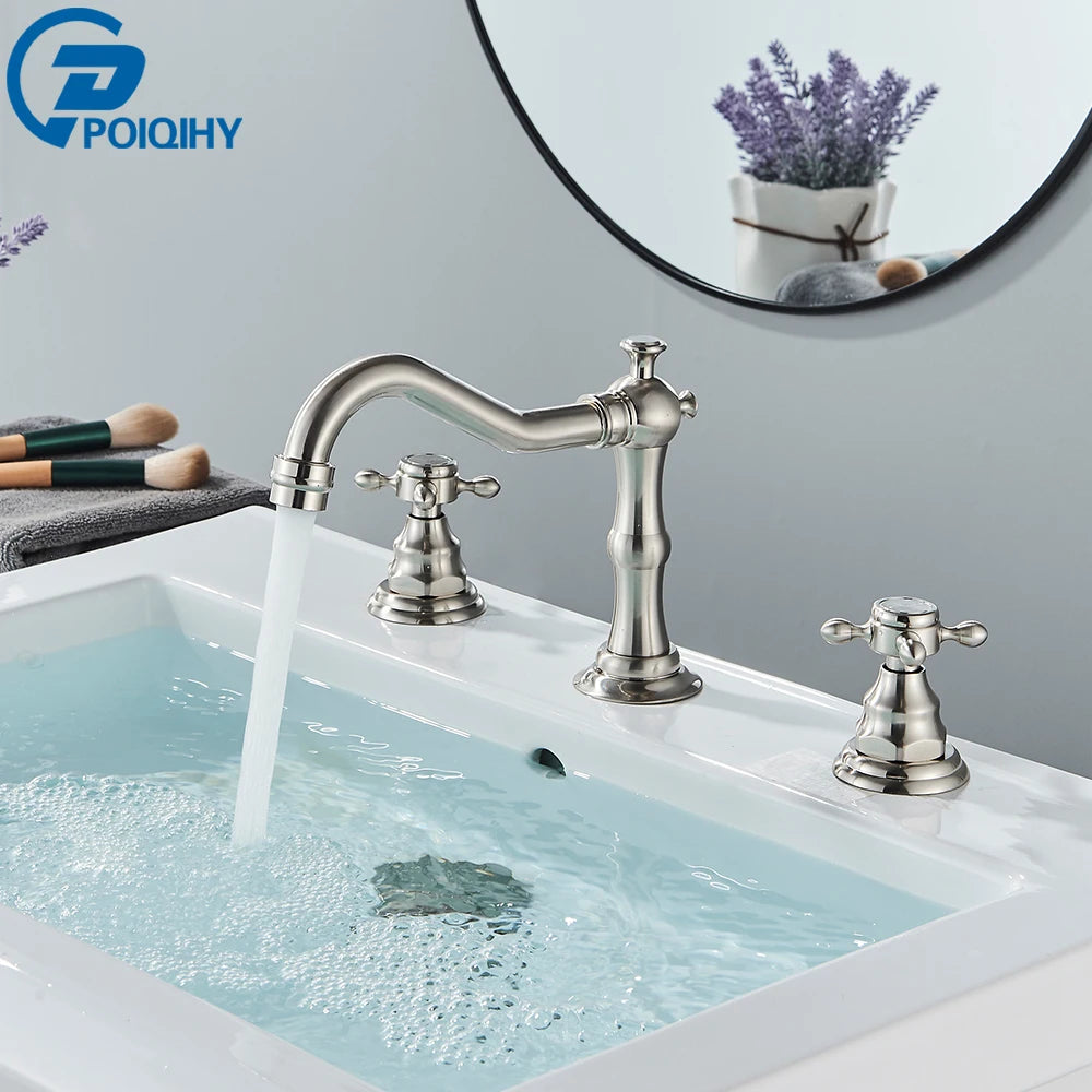 POIQIHY Antique Brass Bathtub Mixer Taps 3 pcs Basin Faucet Dual Handles Hot and Cold Tap Wall Mounted Basin Faucet
